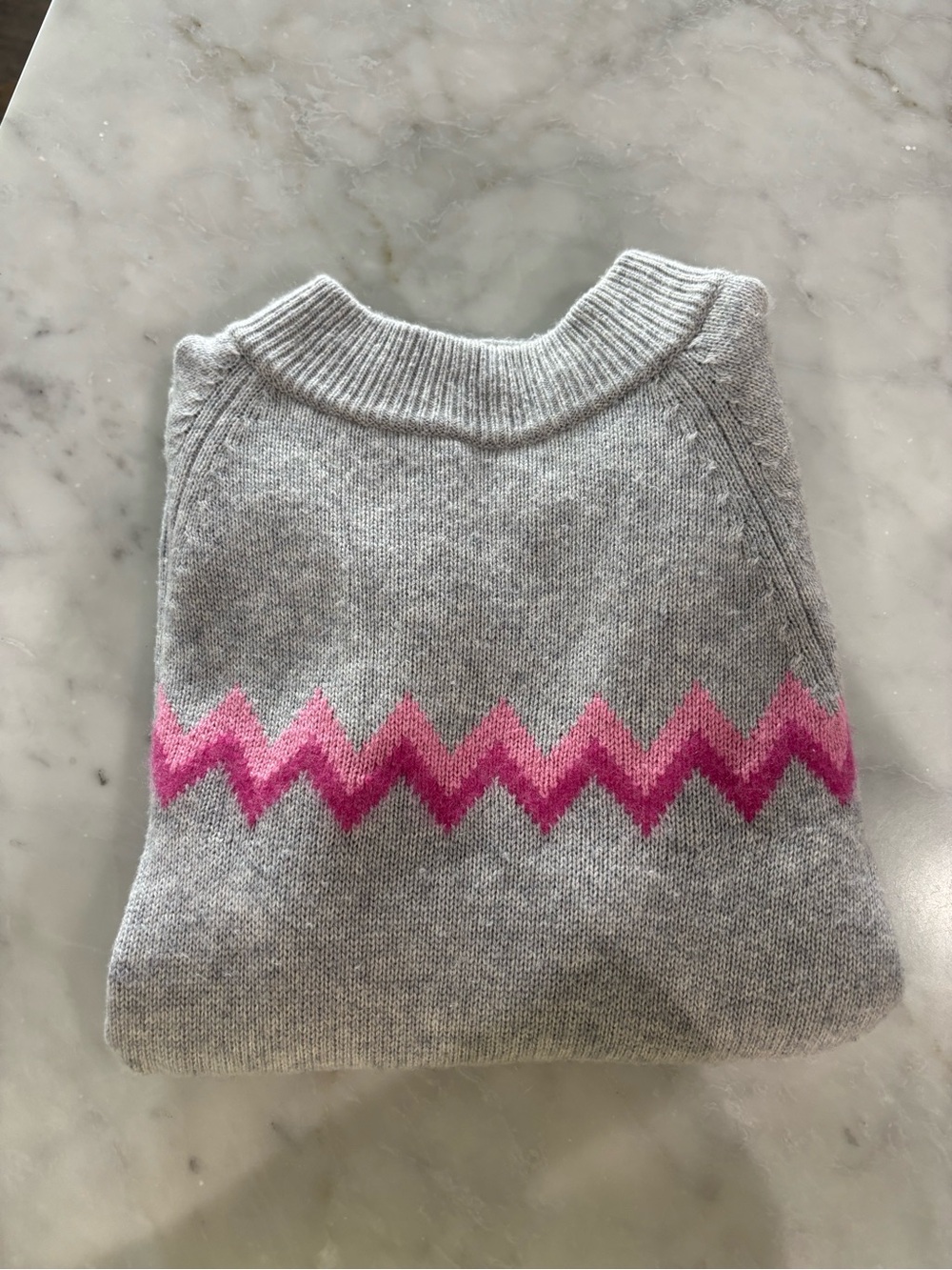 Saks Fifth Avenue Grey Crewneck Sweater with Pink Zigzag Stripe